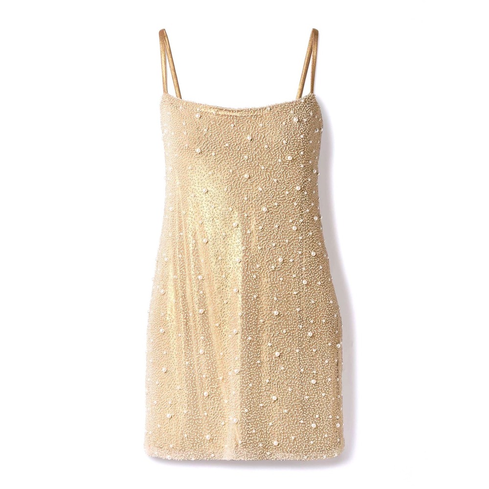 Sara Cristina Mare Embellished Tulle Mini Dress Gold Pearl Bridal Size M